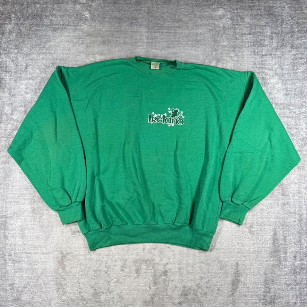 Ireland Sweatshirt Mens 2XL Green Spell Out Shamrock Vintage 80s Crewneck